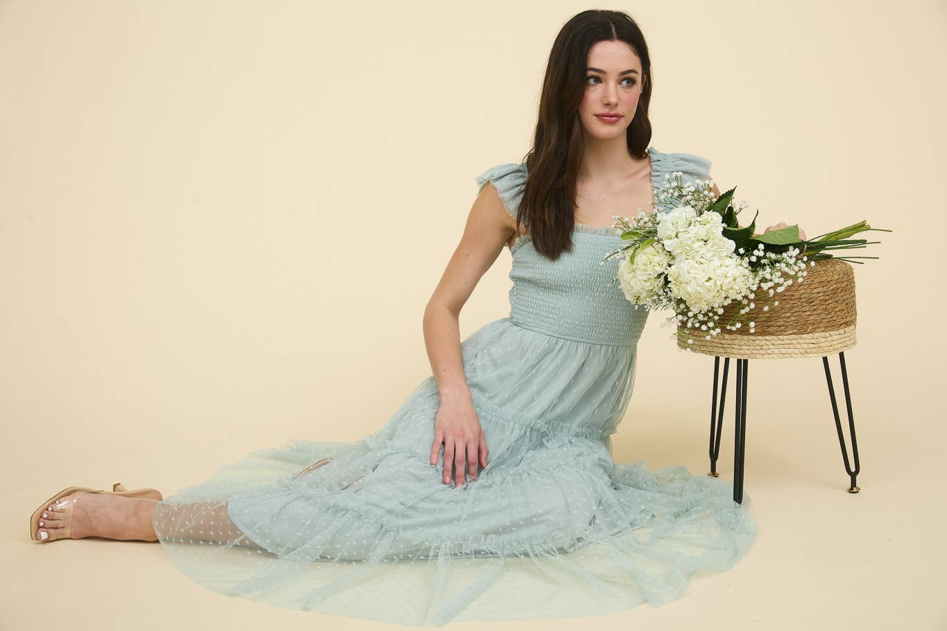POLKA DOT CHIFFON SMOCKED TIERED MIDI DRESS