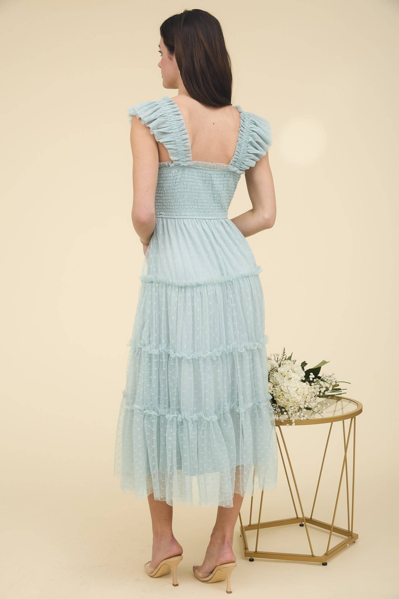 POLKA DOT CHIFFON SMOCKED TIERED MIDI DRESS