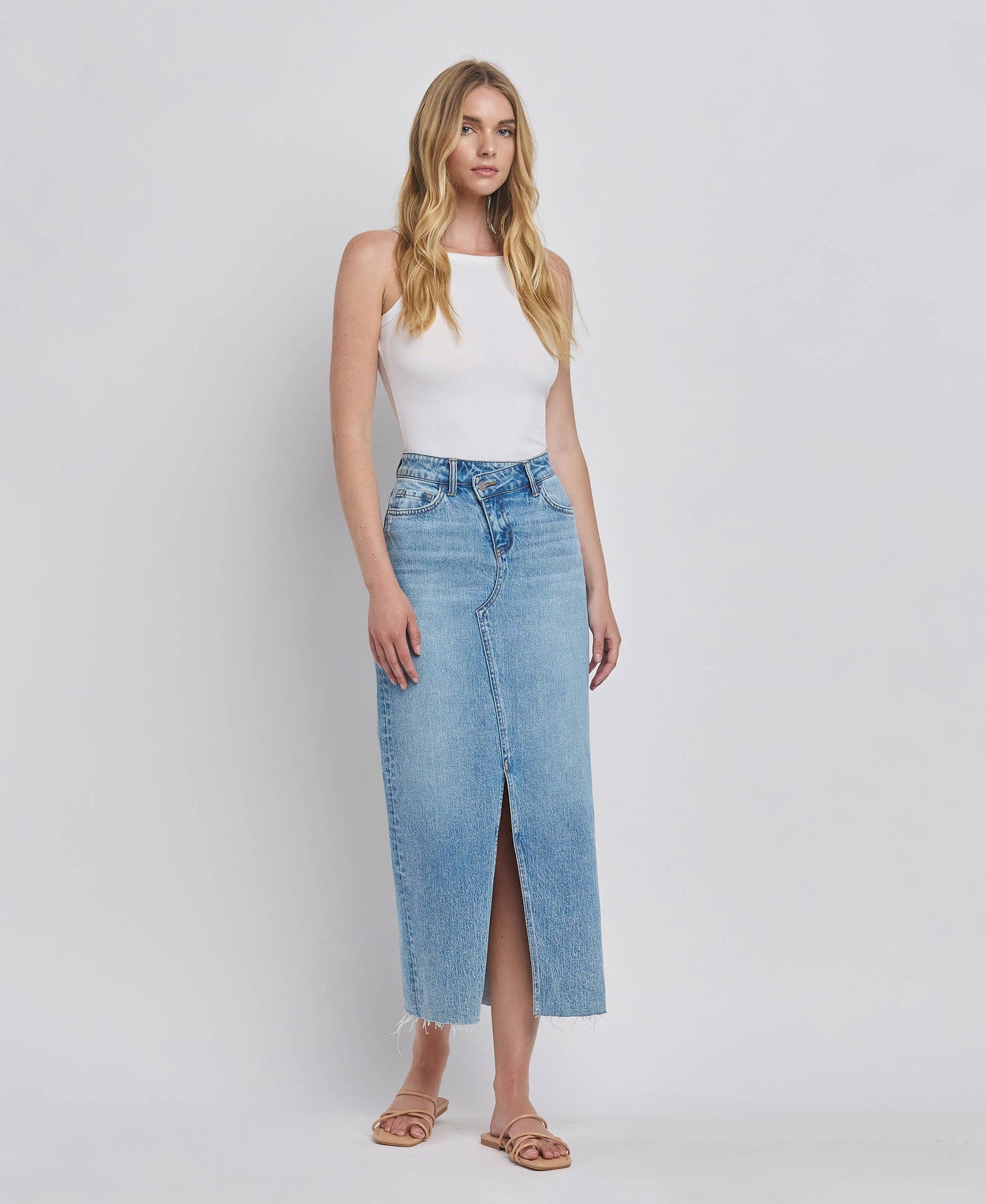 CRISS CROSS FRONT SLIT MAXI DENIM SKIRT