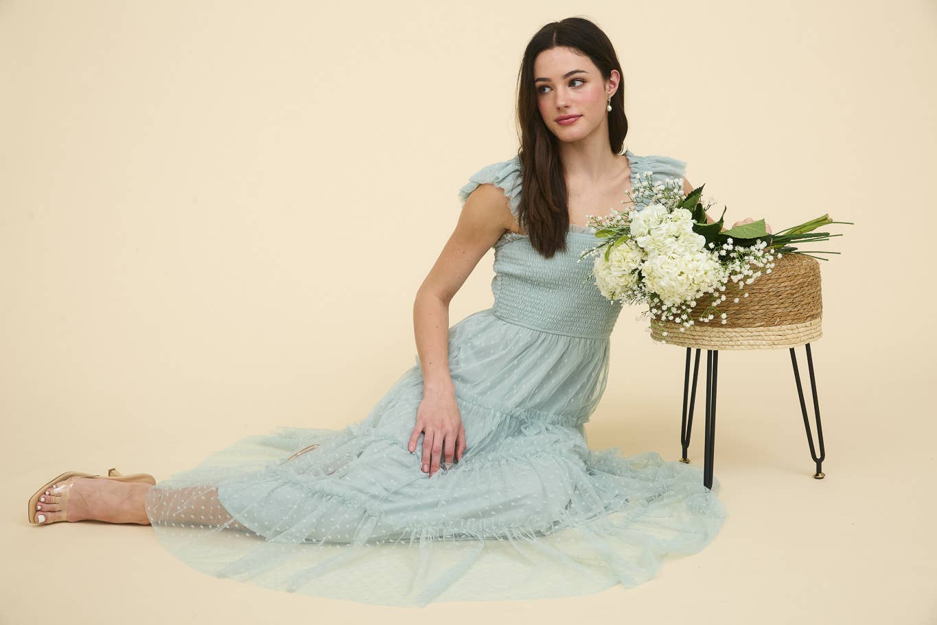 POLKA DOT CHIFFON SMOCKED TIERED MIDI DRESS