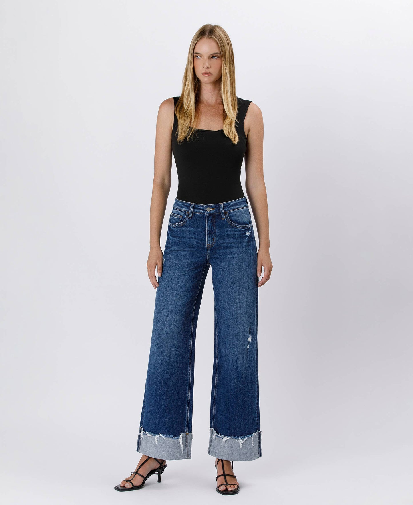 HIGH RISE CUFFED BAGGY WIDE JEANS