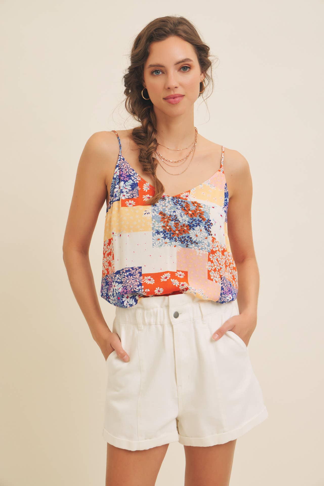 SOFT RAYON GAUZE FLORAL PATCHWORK V-NECK CAMI TOP