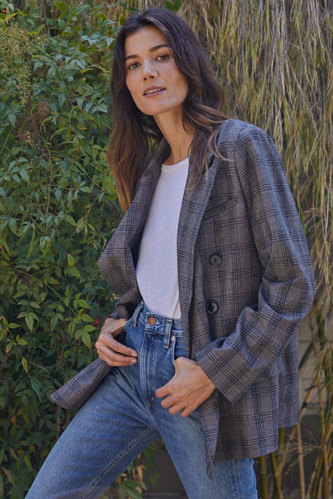 WOVEN LONG SLEEVE OVERSIZED PLAID BLAZER