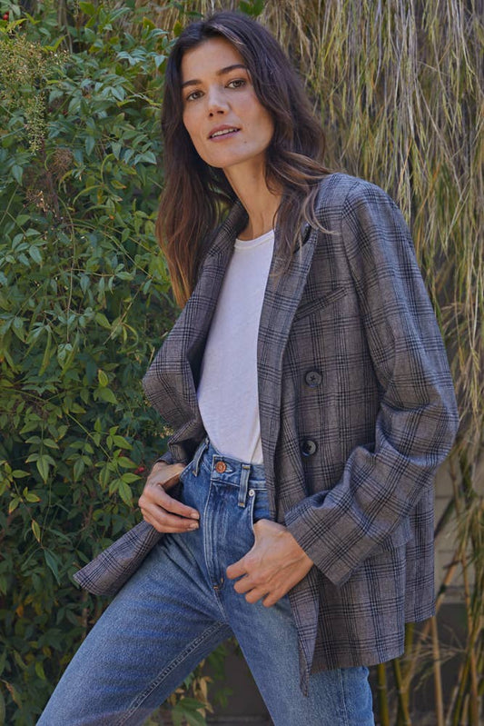 WOVEN LONG SLEEVE OVERSIZED PLAID BLAZER