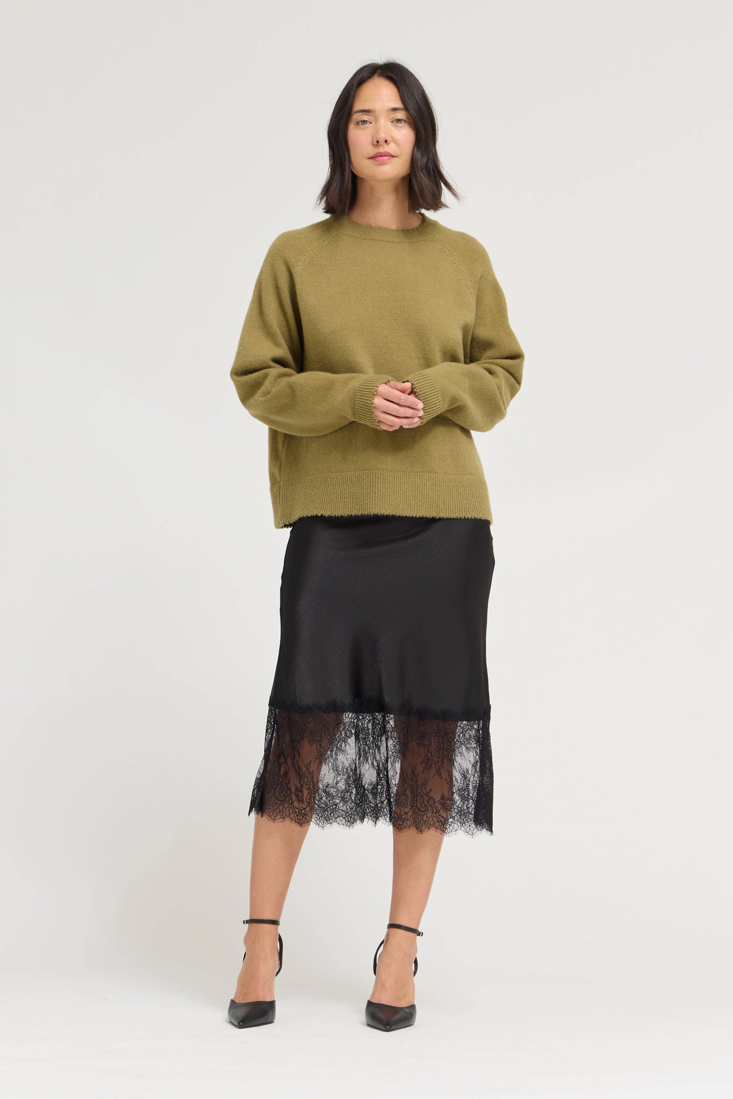LACE TRIM MIDI SATIN SKIRT