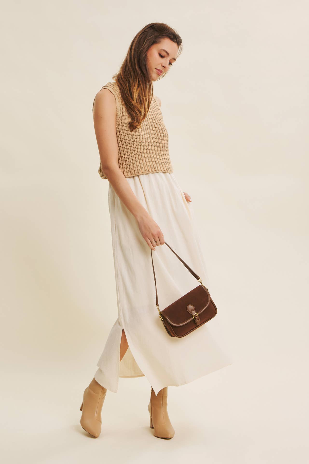 CHUNKY SWEATER TWOFER MIDI DRESS WITH POCKETS AND LINING