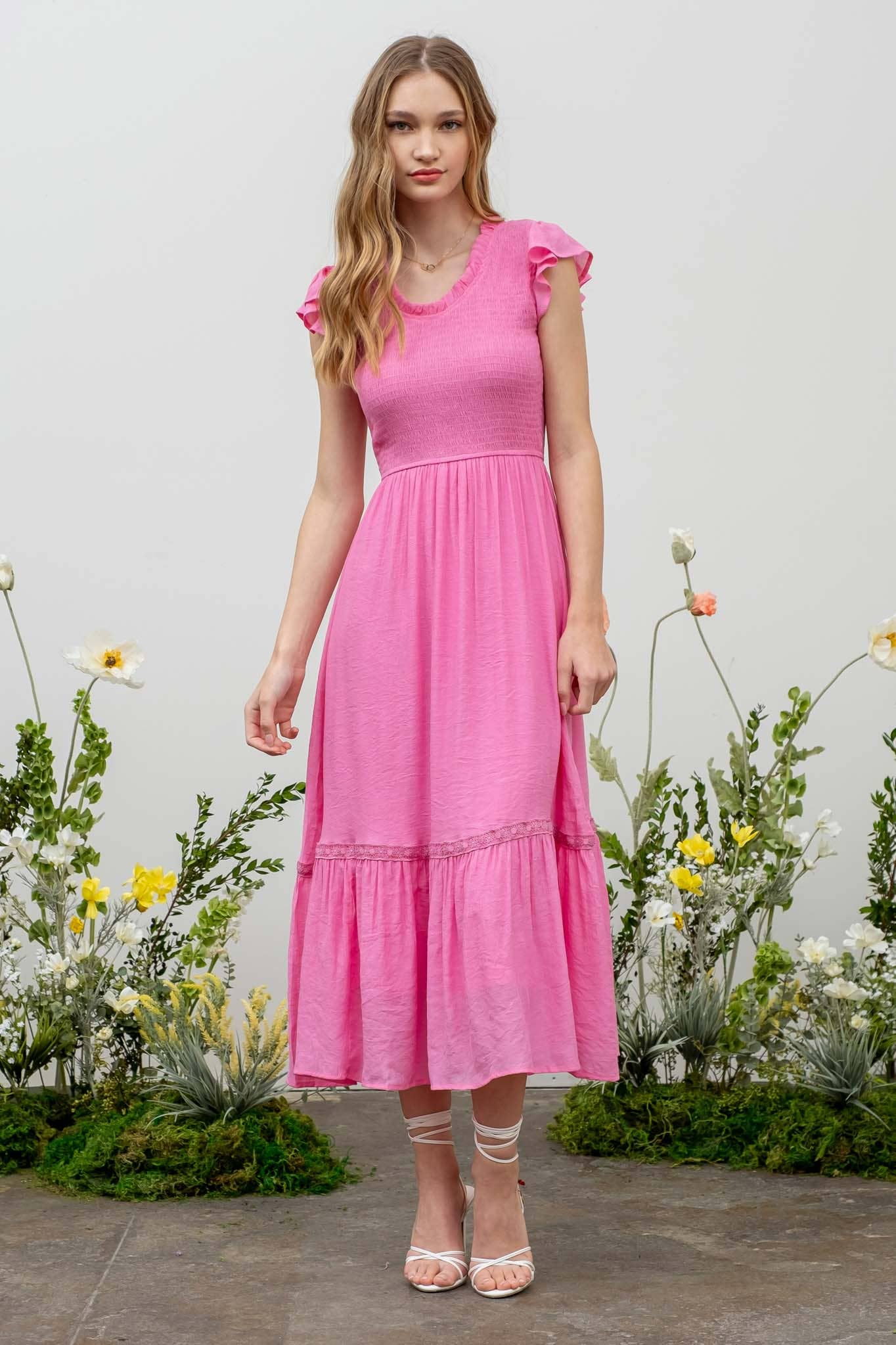 SCOOP RUFFLE NECK SMOCKED MAXI DRESS