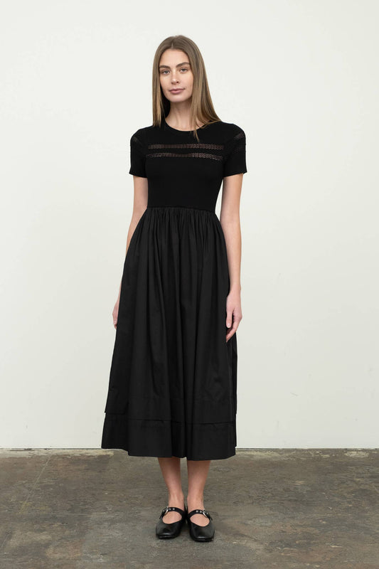 SHEER TRIM MIXED MEDIA SHORT SLEEVE MIDI DRESS