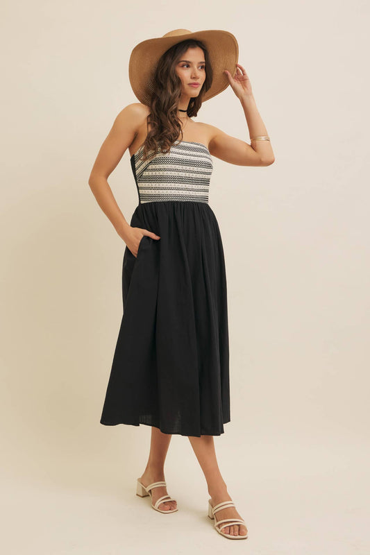 CROCHET CONTRAST TUBE TOP MIDI DRESS WITH POCKETS