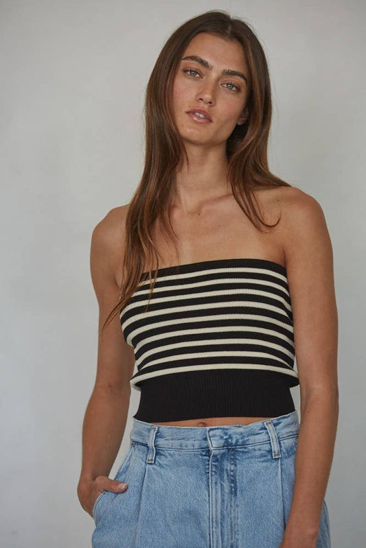 KNIT SWEATER RIBBED STRIPED STRAPLESS TUBE TOP