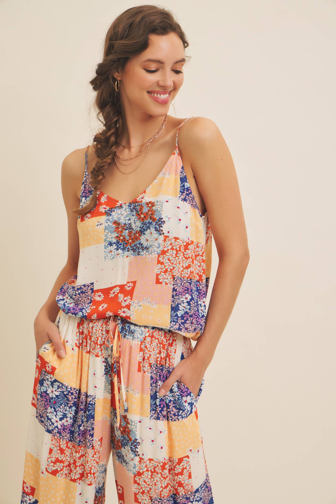 SOFT RAYON GAUZE FLORAL PATCHWORK V-NECK CAMI TOP
