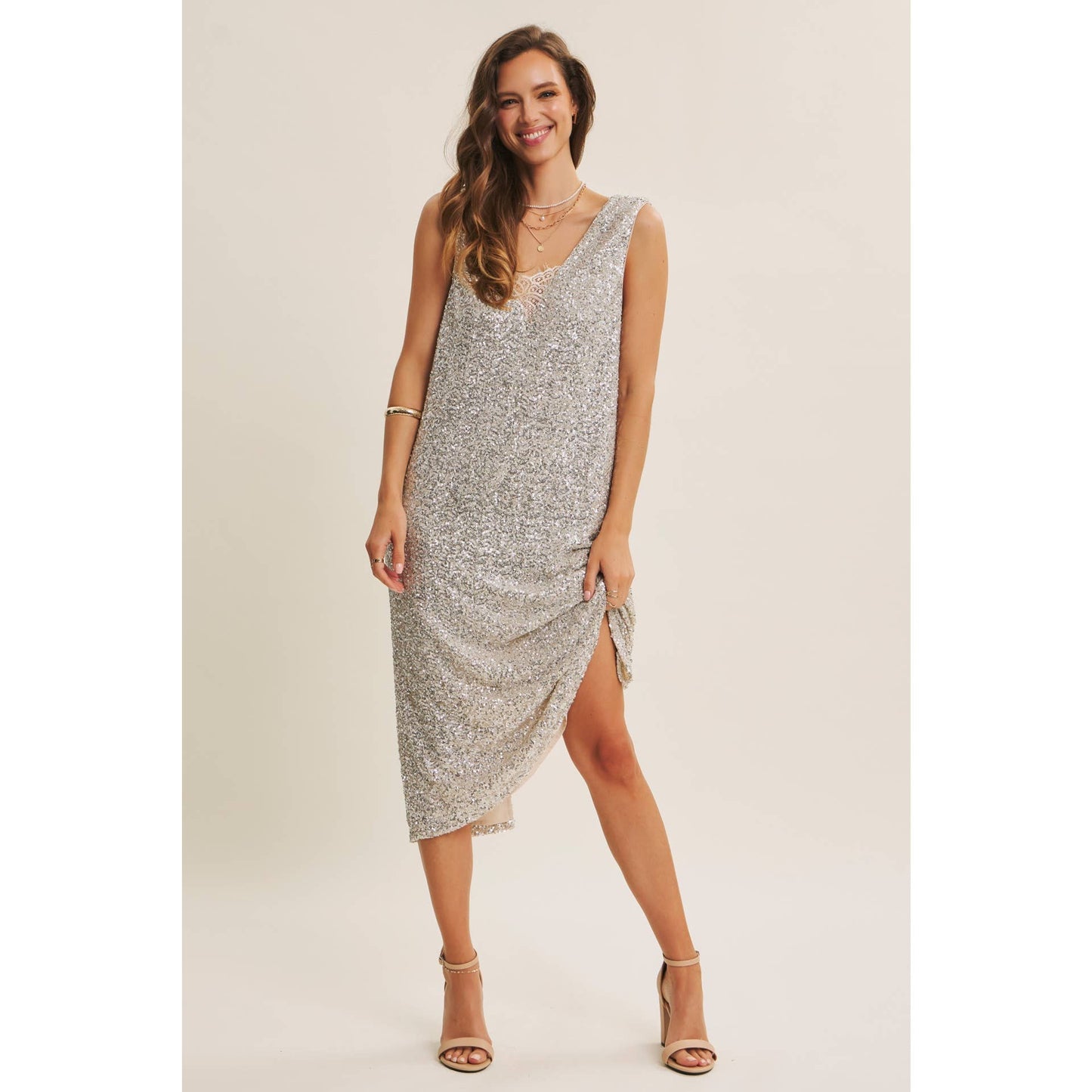 SHIMMERING CHAMPAGNE SEQUIN LACE-INSERT MIDI DRESS