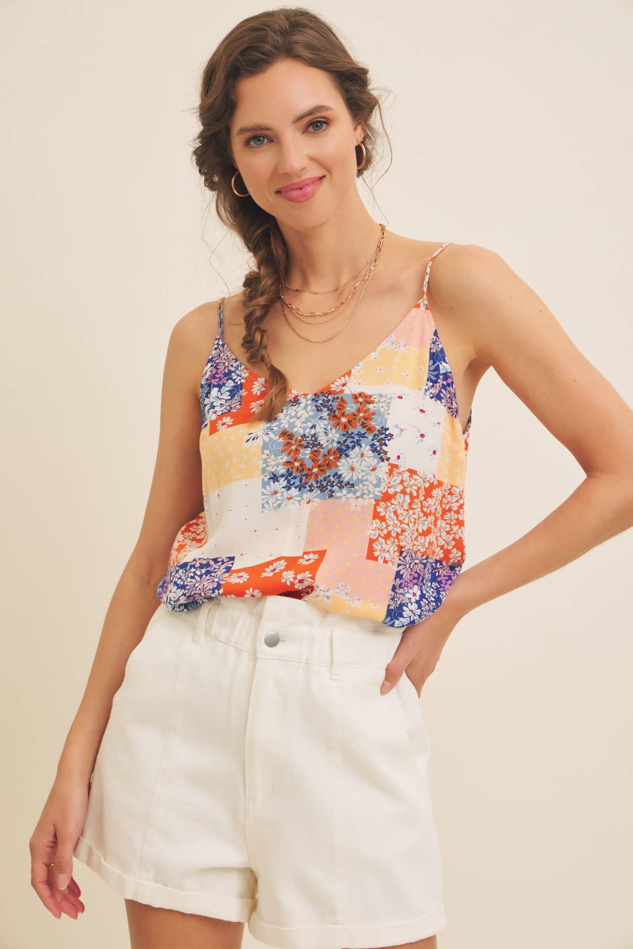 SOFT RAYON GAUZE FLORAL PATCHWORK V-NECK CAMI TOP