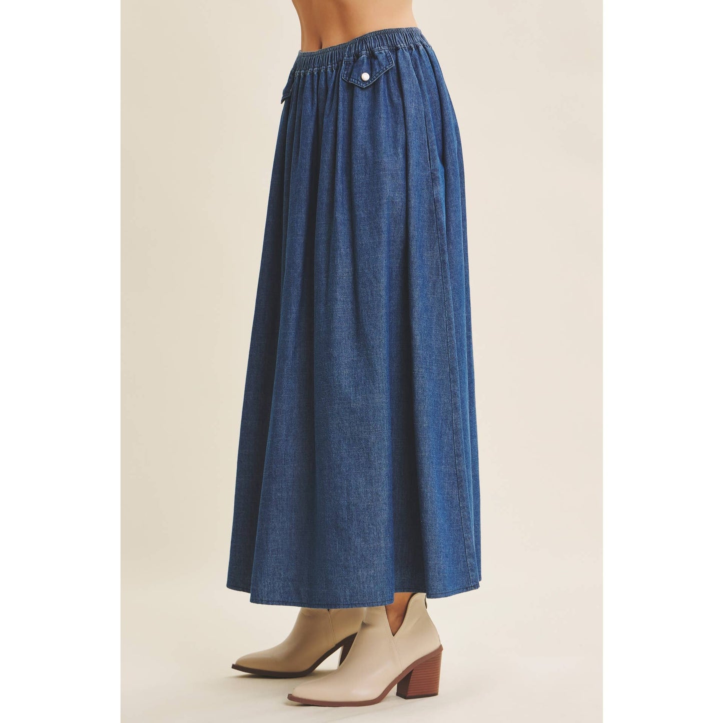 WASHED DENIM FLARE MIDI SKIRT WITH ELASTIC BAND