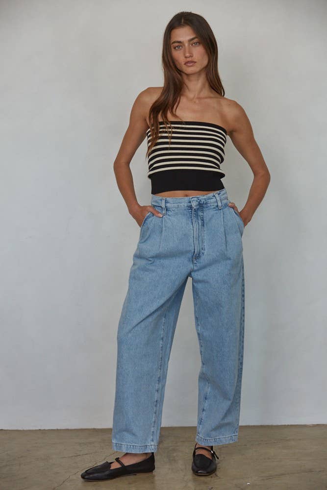 KNIT SWEATER RIBBED STRIPED STRAPLESS TUBE TOP