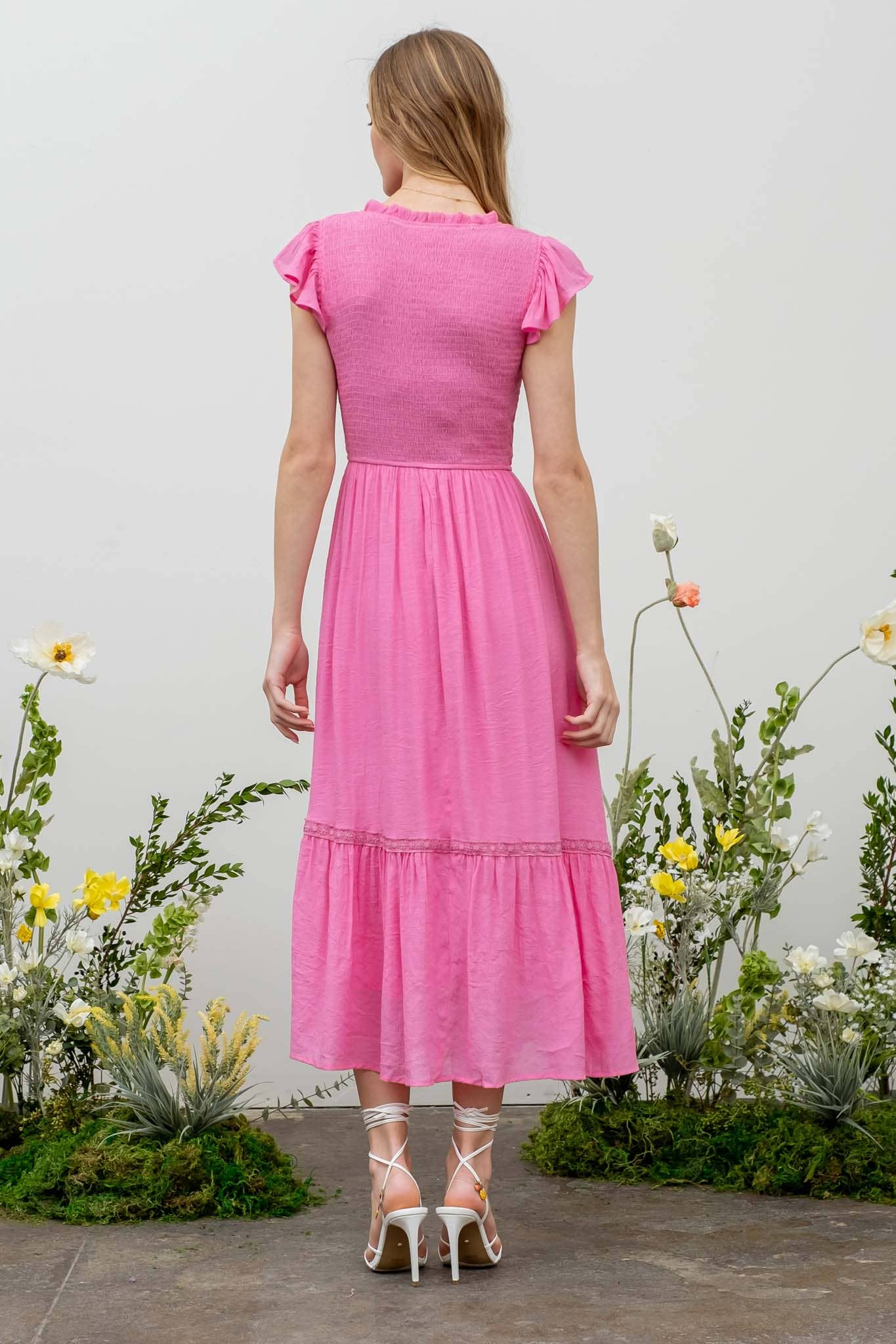 SCOOP RUFFLE NECK SMOCKED MAXI DRESS