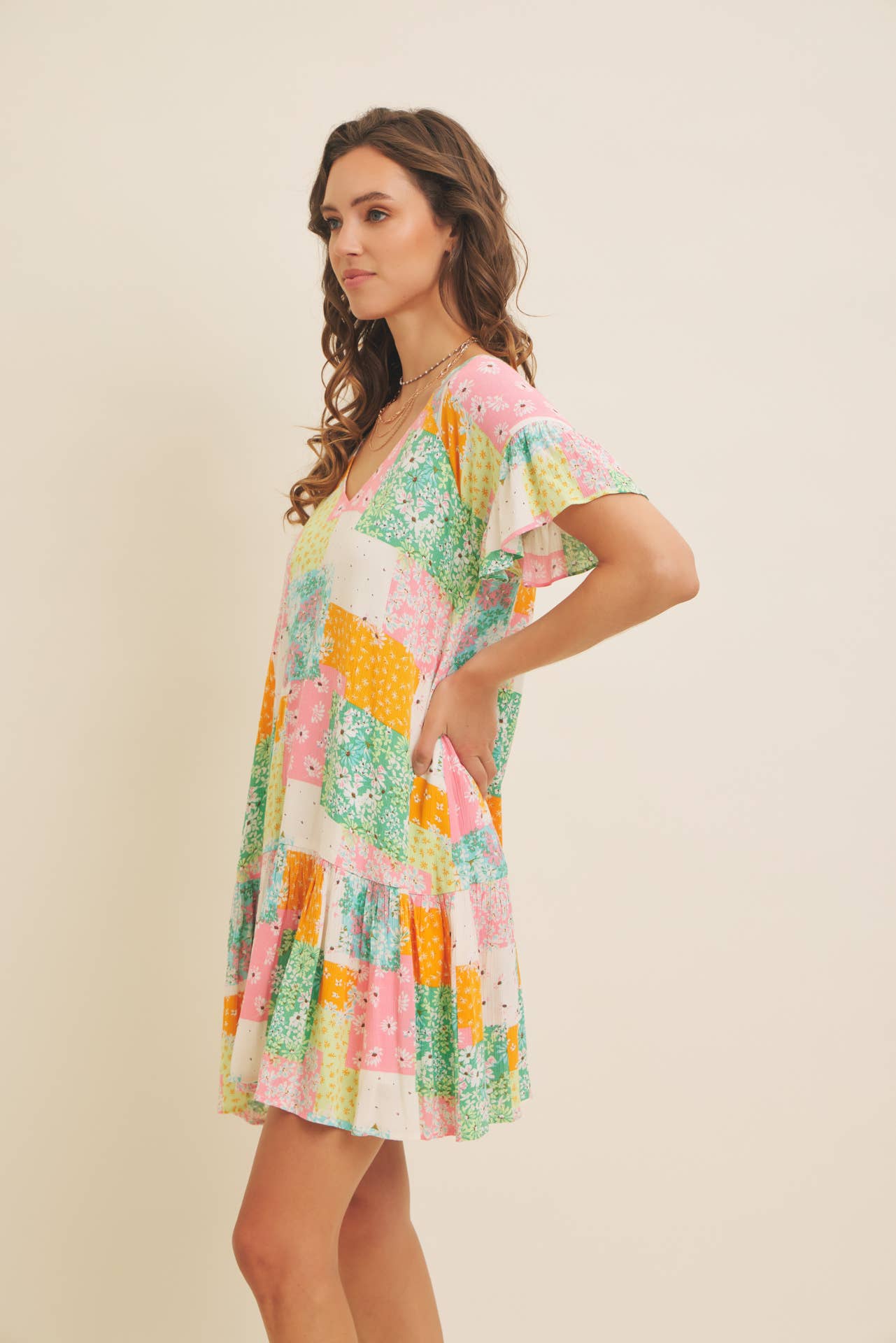 FLORAL RAYON GAUZE FLOWY MINI DRESS WITH RUFFLED HEM