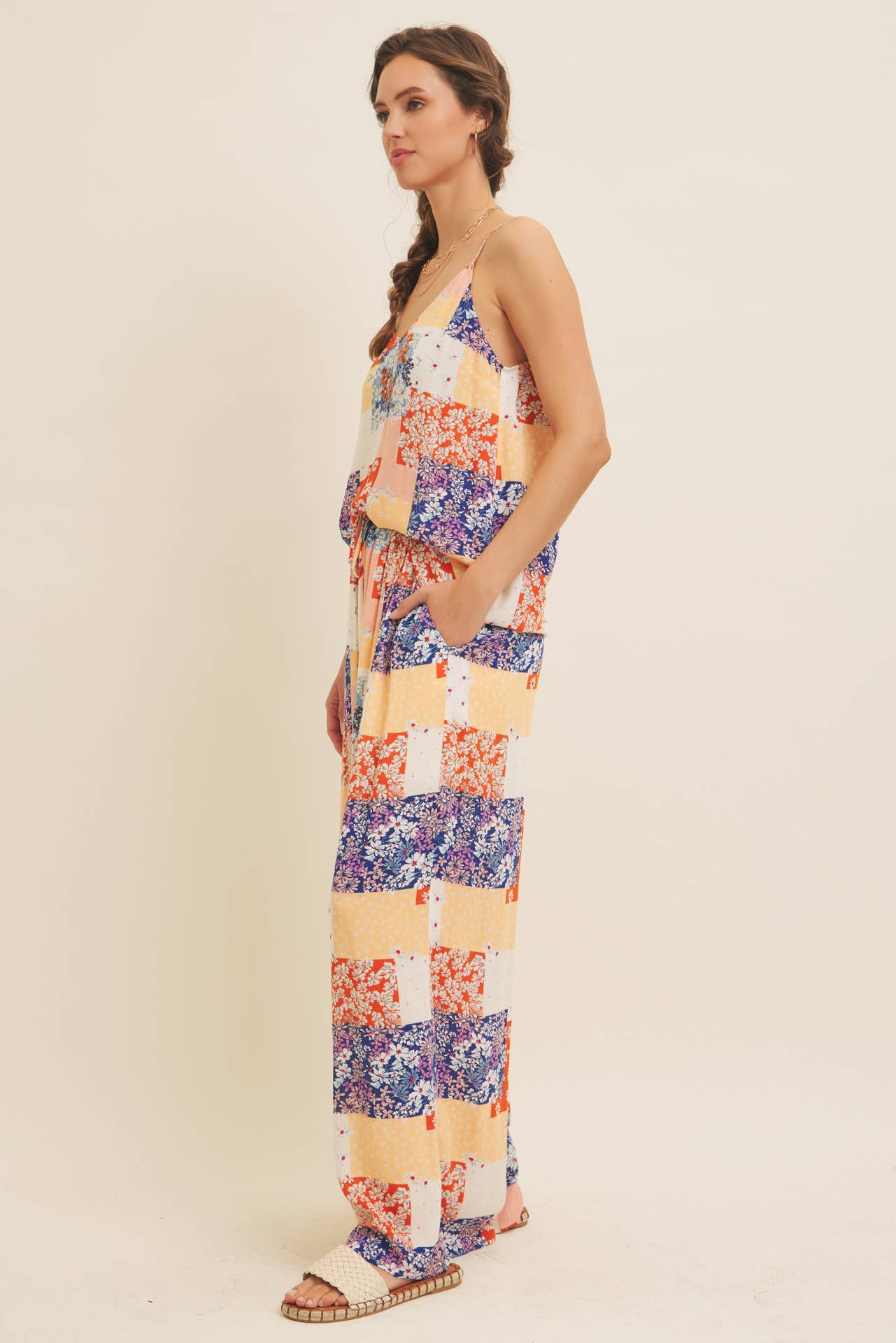 SOFT RAYON GAUZE FLORAL PATCHWORK V-NECK CAMI TOP