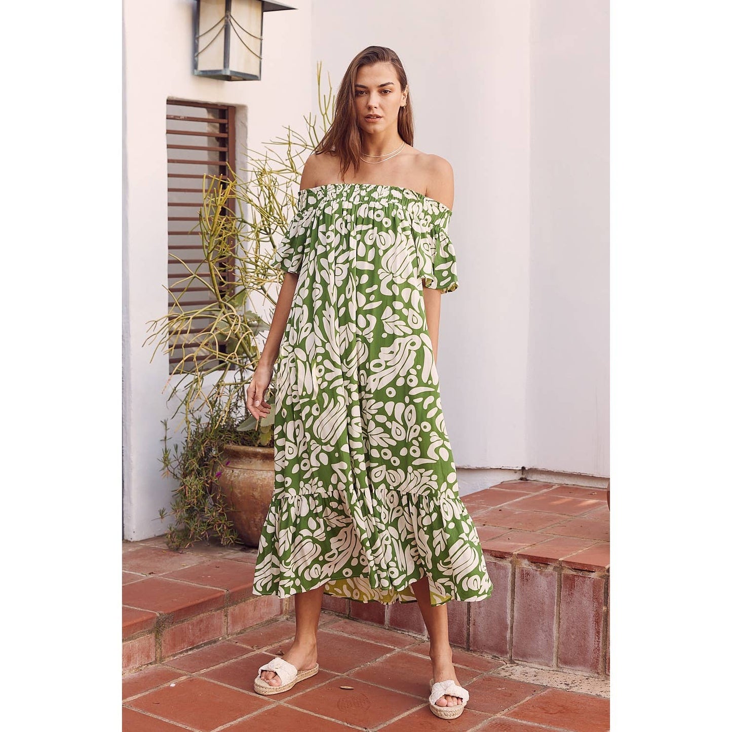OFF THE SHOULDER FLARE PRINTED MIDI DRESS WITH POCKETS