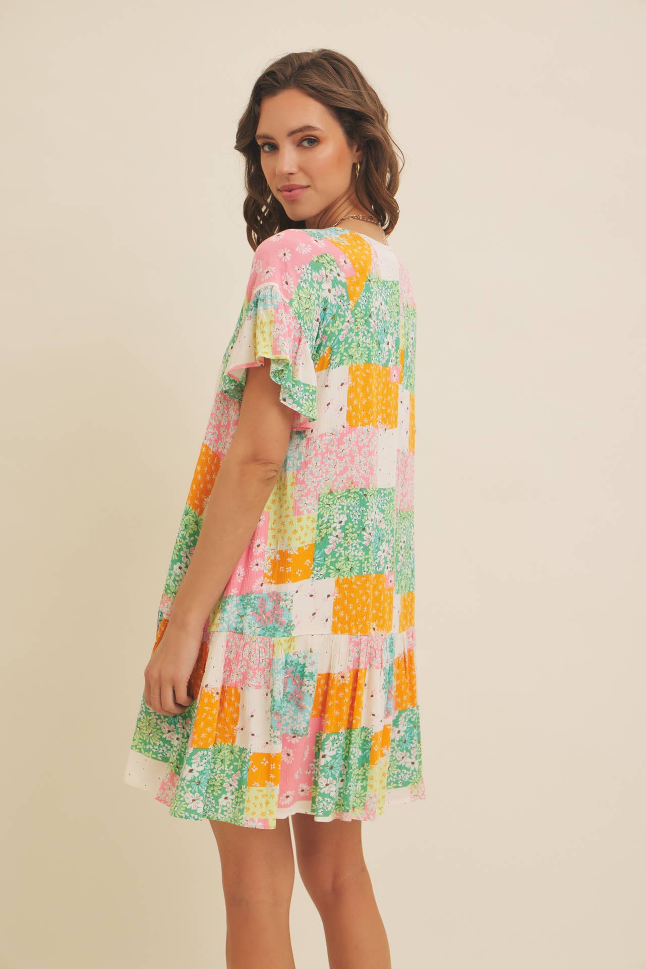 FLORAL RAYON GAUZE FLOWY MINI DRESS WITH RUFFLED HEM