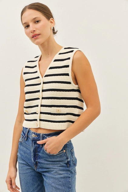 BUTTON DOWN STRIPED V-NECK SWEATER VEST