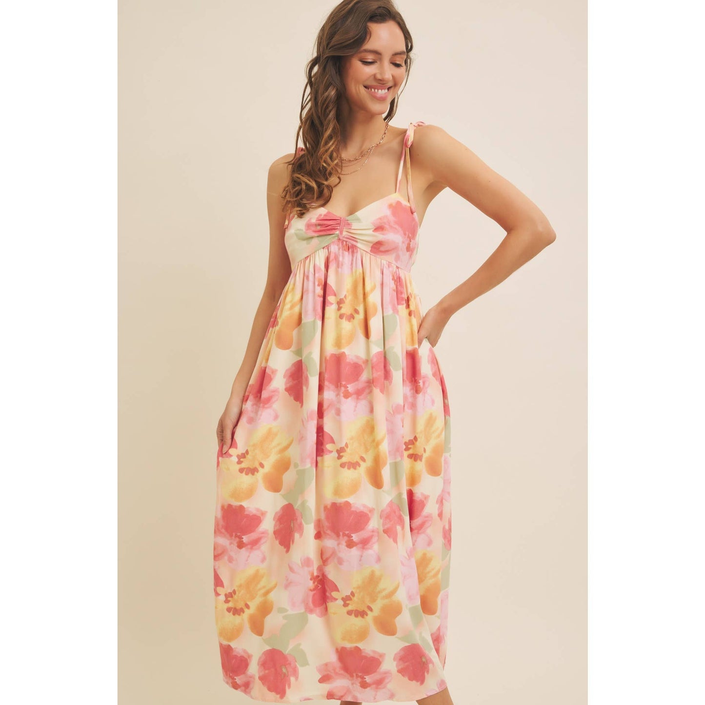 FLORAL PRINT RUCHED MIDI DRESS WITH SHOULDER TIE