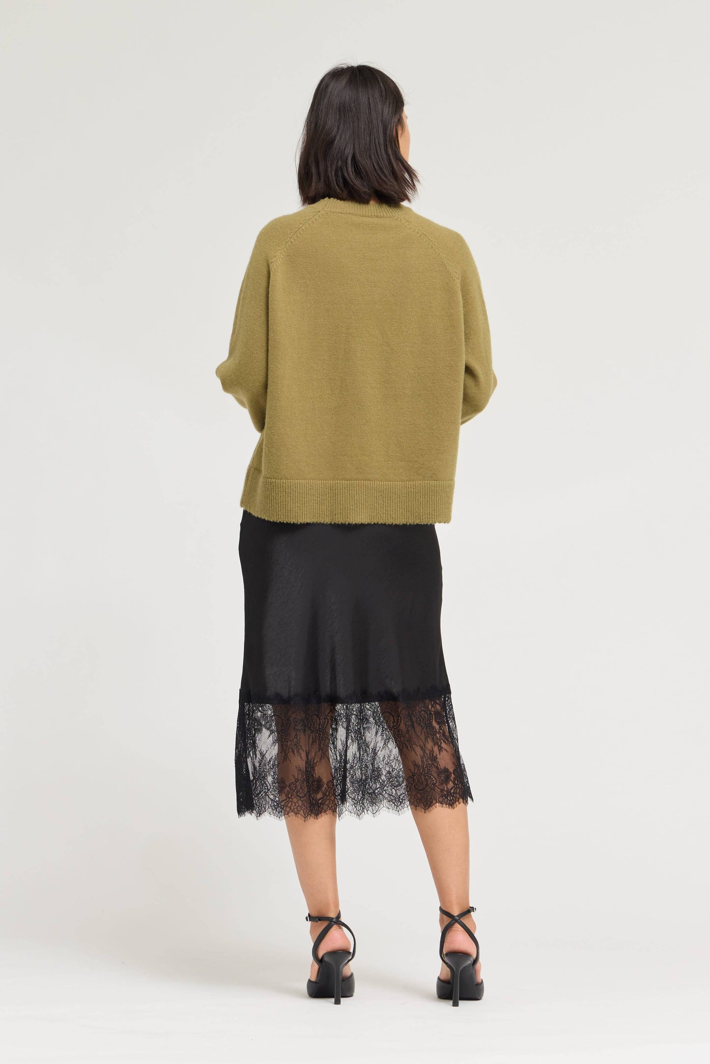 LACE TRIM MIDI SATIN SKIRT