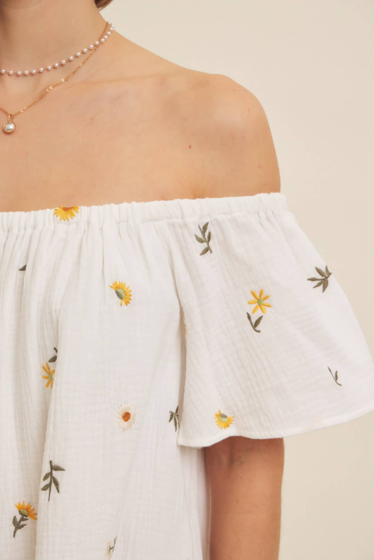 OFF-SHOULDER EMBROIDERY COTTON GAUZE MINI DRESS WITH POCKETS