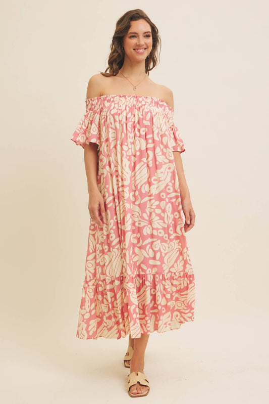 OFF THE SHOULDER FLARE PRINTED MIDI DRESS WITH POCKETS