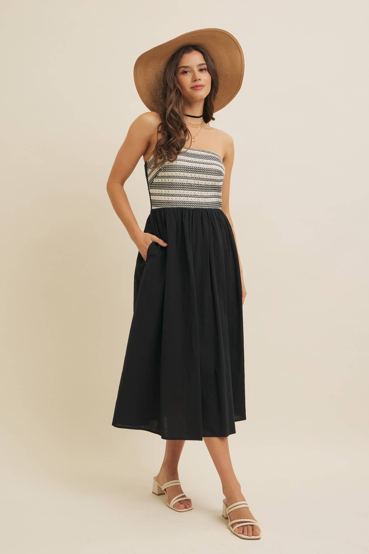 CROCHET CONTRAST TUBE TOP MIDI DRESS WITH POCKETS