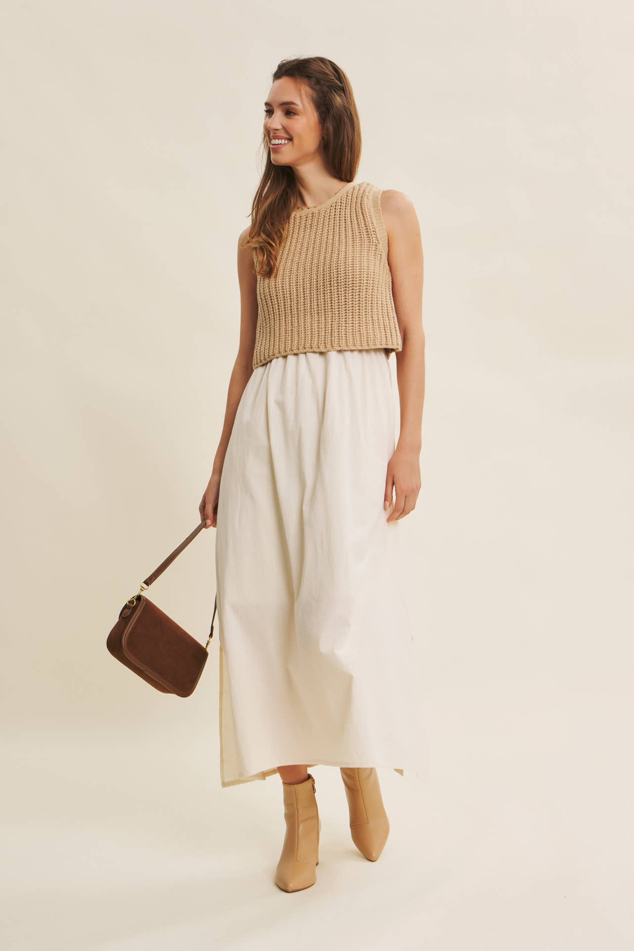 CHUNKY SWEATER TWOFER MIDI DRESS WITH POCKETS AND LINING