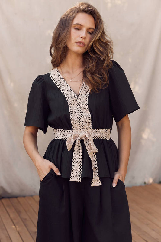 LACE CONTRAST TEXTURED WOVEN BLOUSE