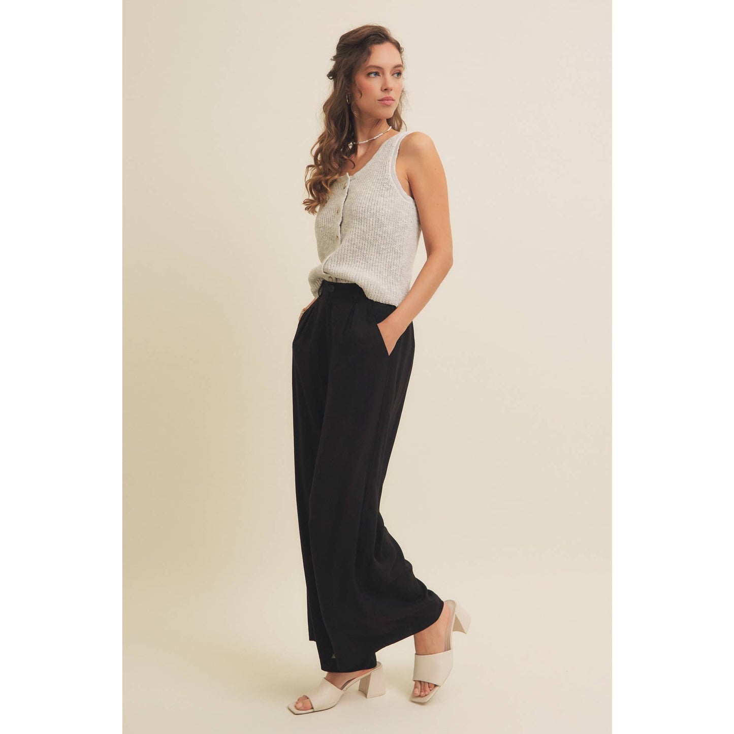 RIB SWEATER KNIT TANK TOP WITH BUTTON-DOWN FRONT