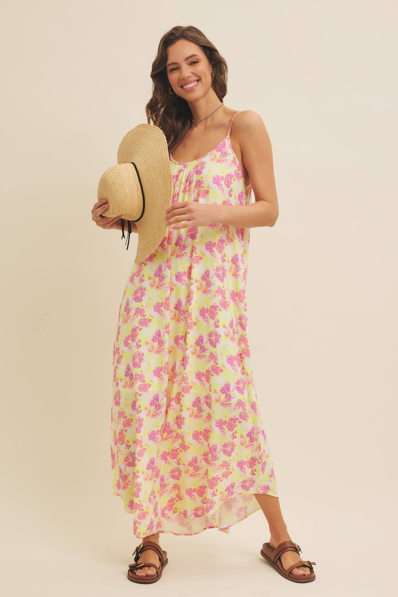 LOOSE FIT FLORAL PRINTED CAMI MAXI DRESS WITH SIDE POCKETS