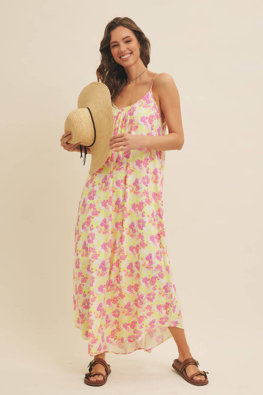 LOOSE FIT FLORAL PRINTED CAMI MAXI DRESS WITH SIDE POCKETS