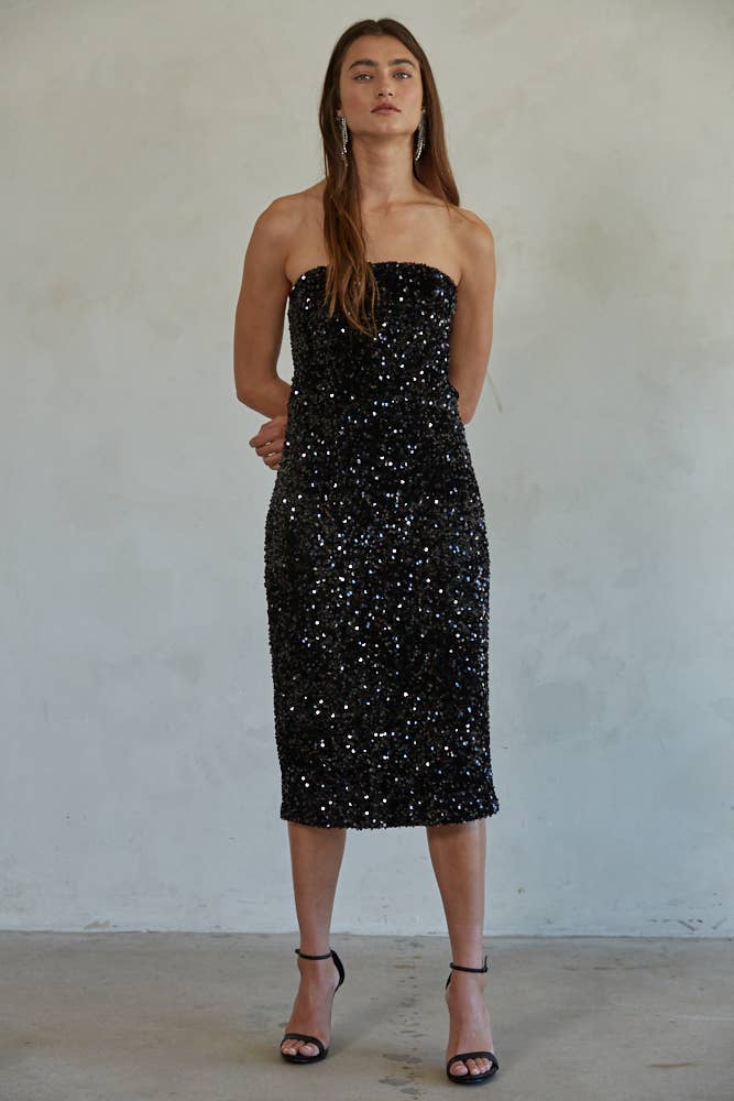 WOVEN SEQUIN TUBE MIDI DRESS
