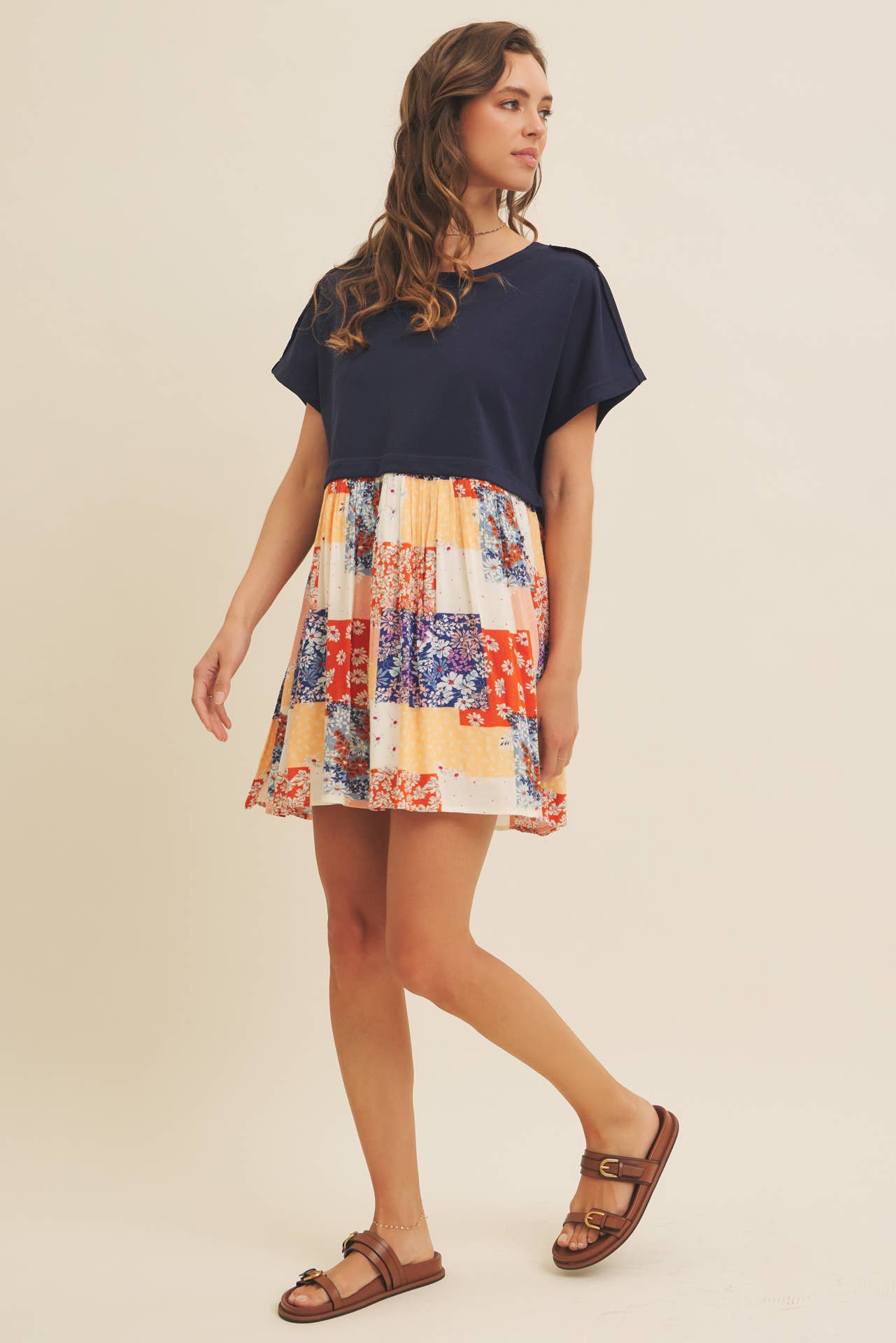 FLORAL PATCHWORK CONTRAST SWEATSHIRT DRESS