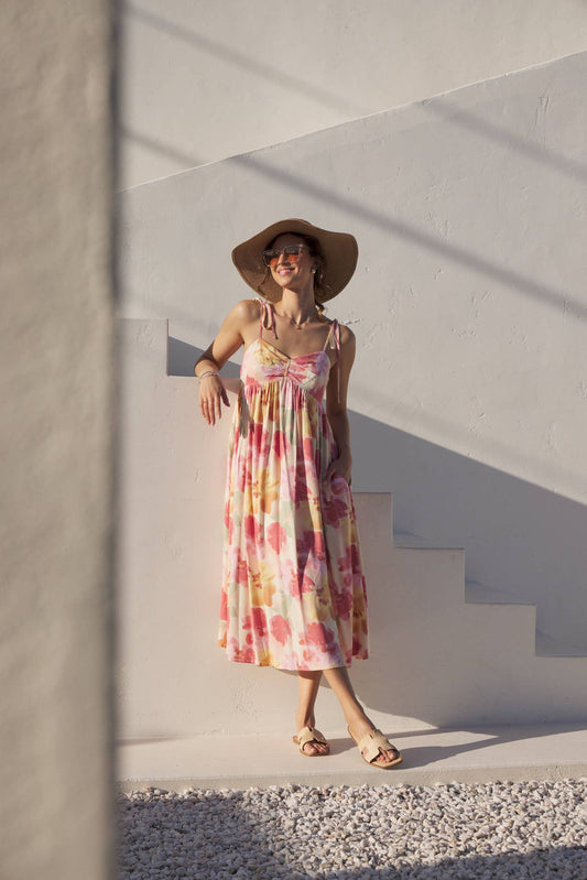 FLORAL PRINT RUCHED MIDI DRESS WITH SHOULDER TIE