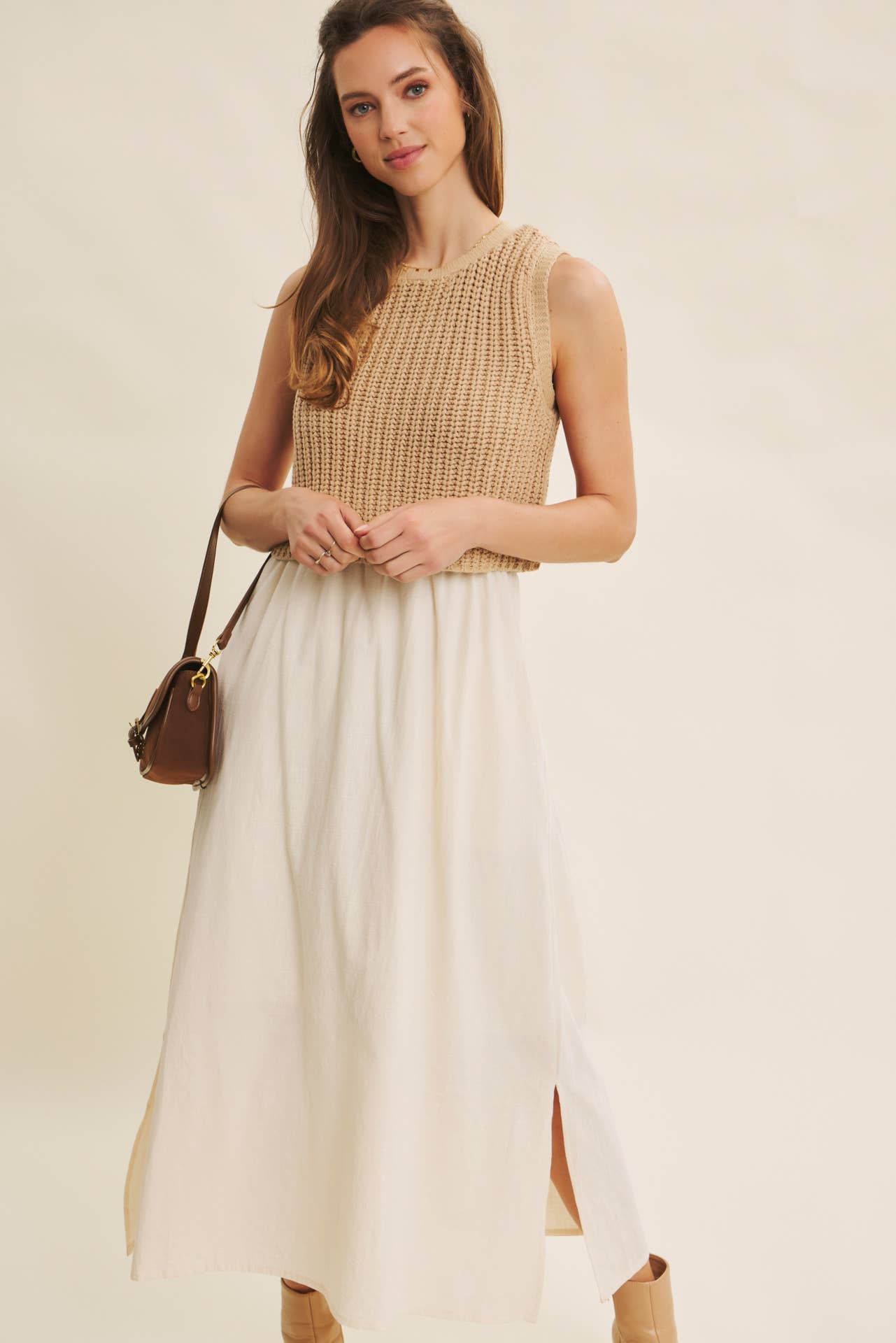 CHUNKY SWEATER TWOFER MIDI DRESS WITH POCKETS AND LINING
