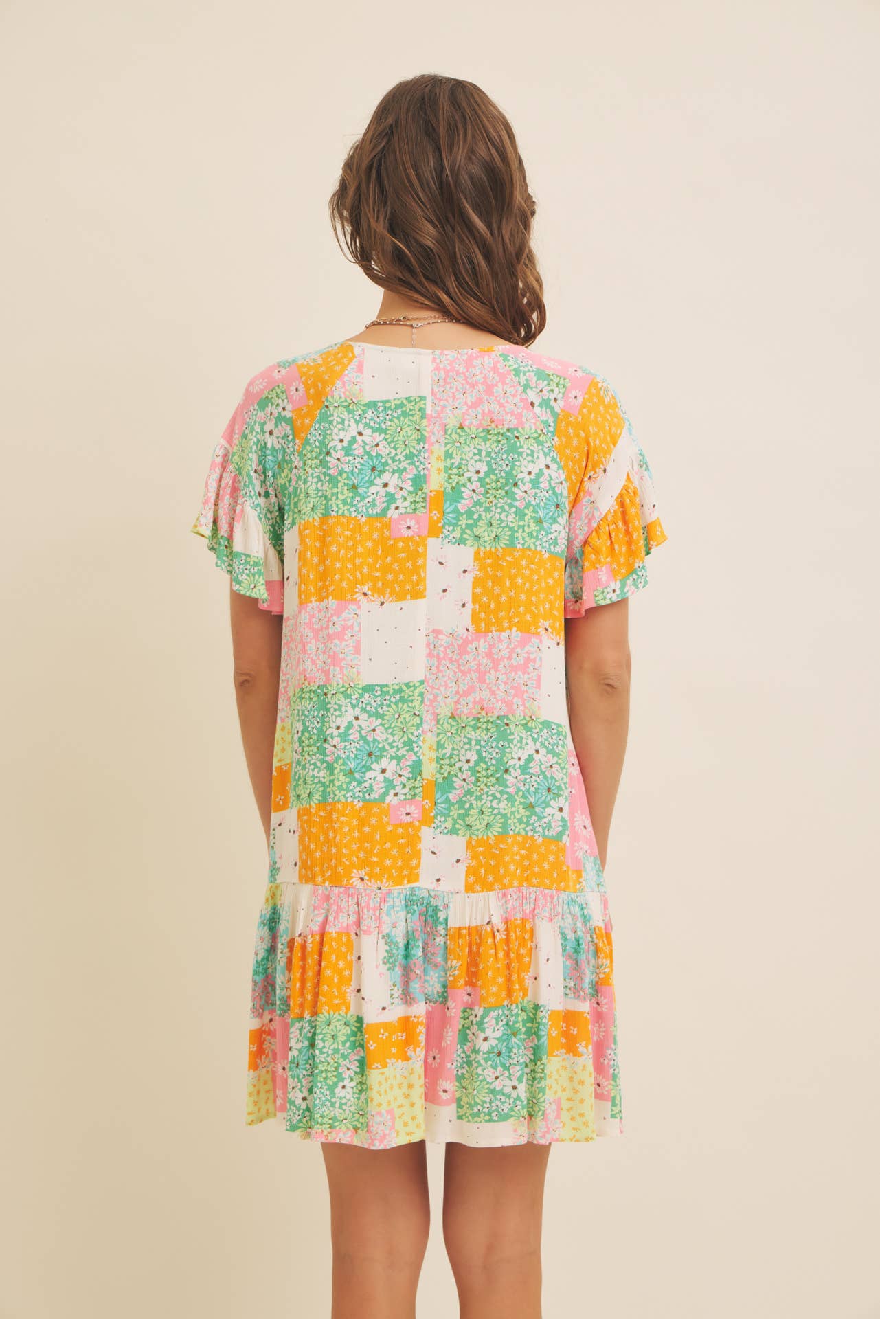 FLORAL RAYON GAUZE FLOWY MINI DRESS WITH RUFFLED HEM