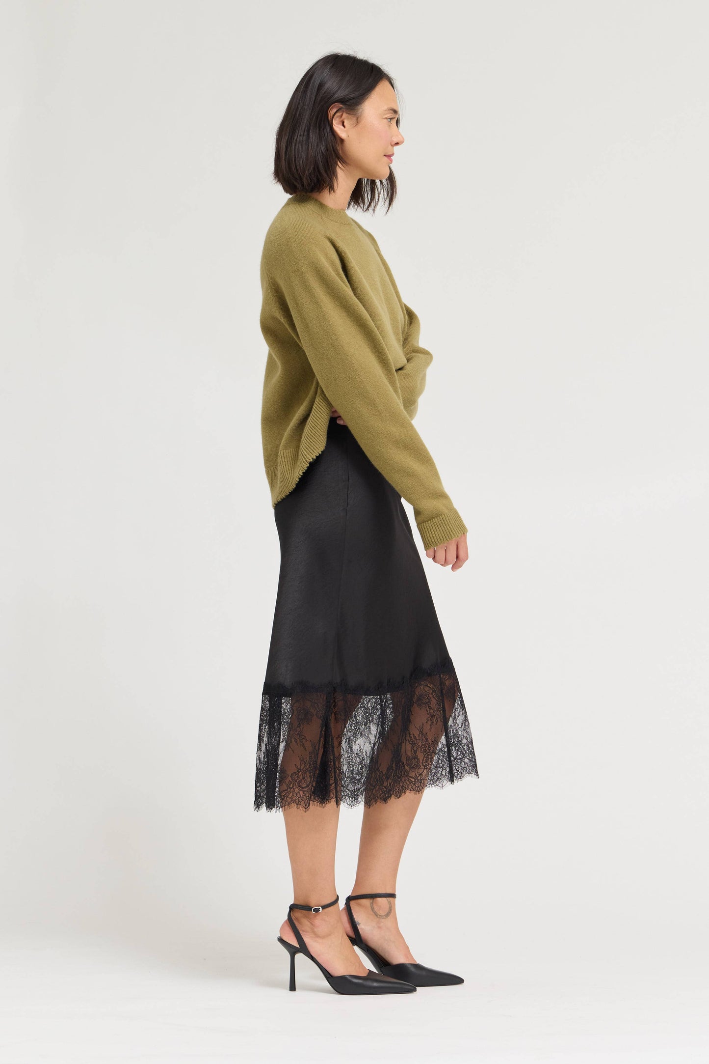 LACE TRIM MIDI SATIN SKIRT