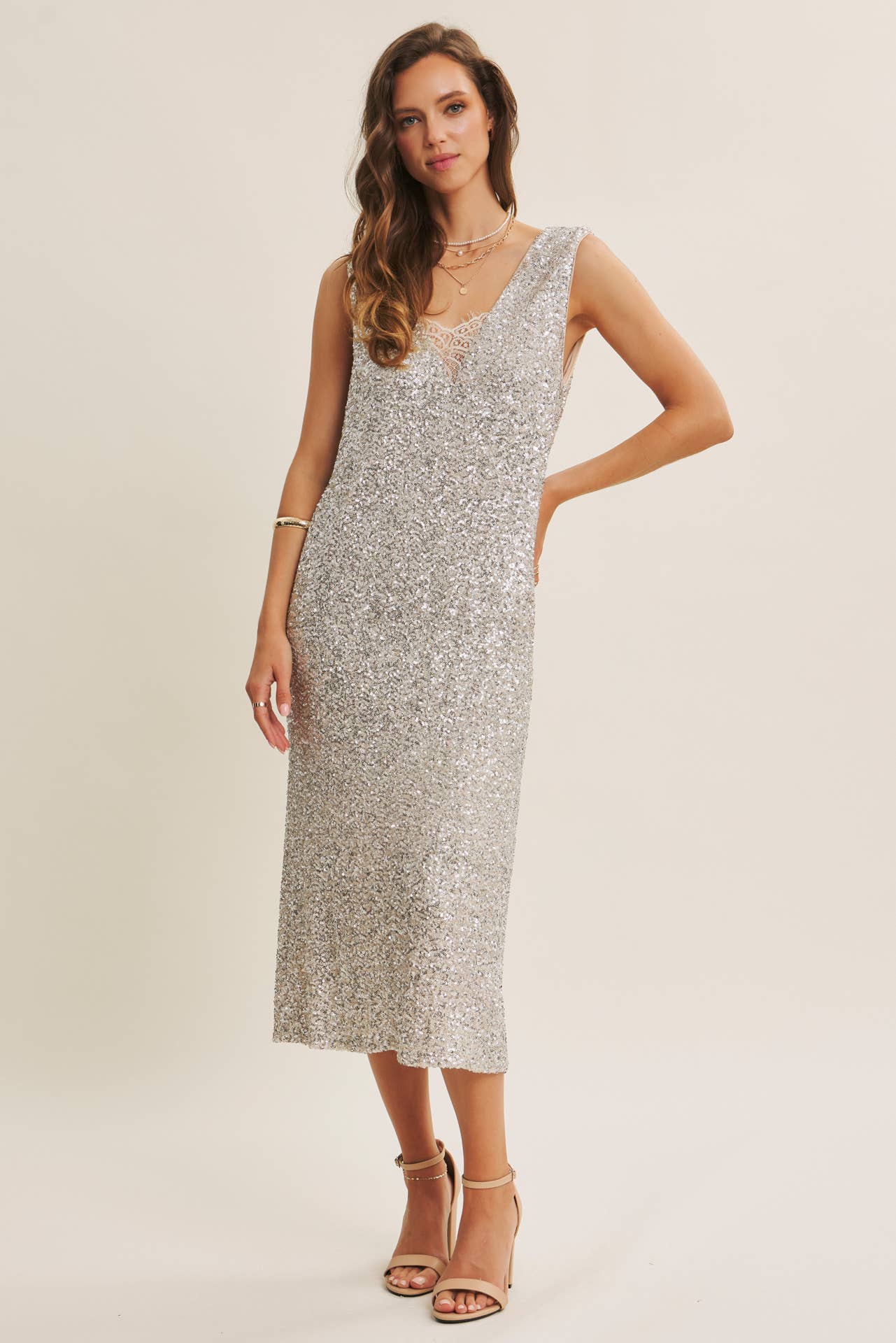 SHIMMERING CHAMPAGNE SEQUIN LACE-INSERT MIDI DRESS