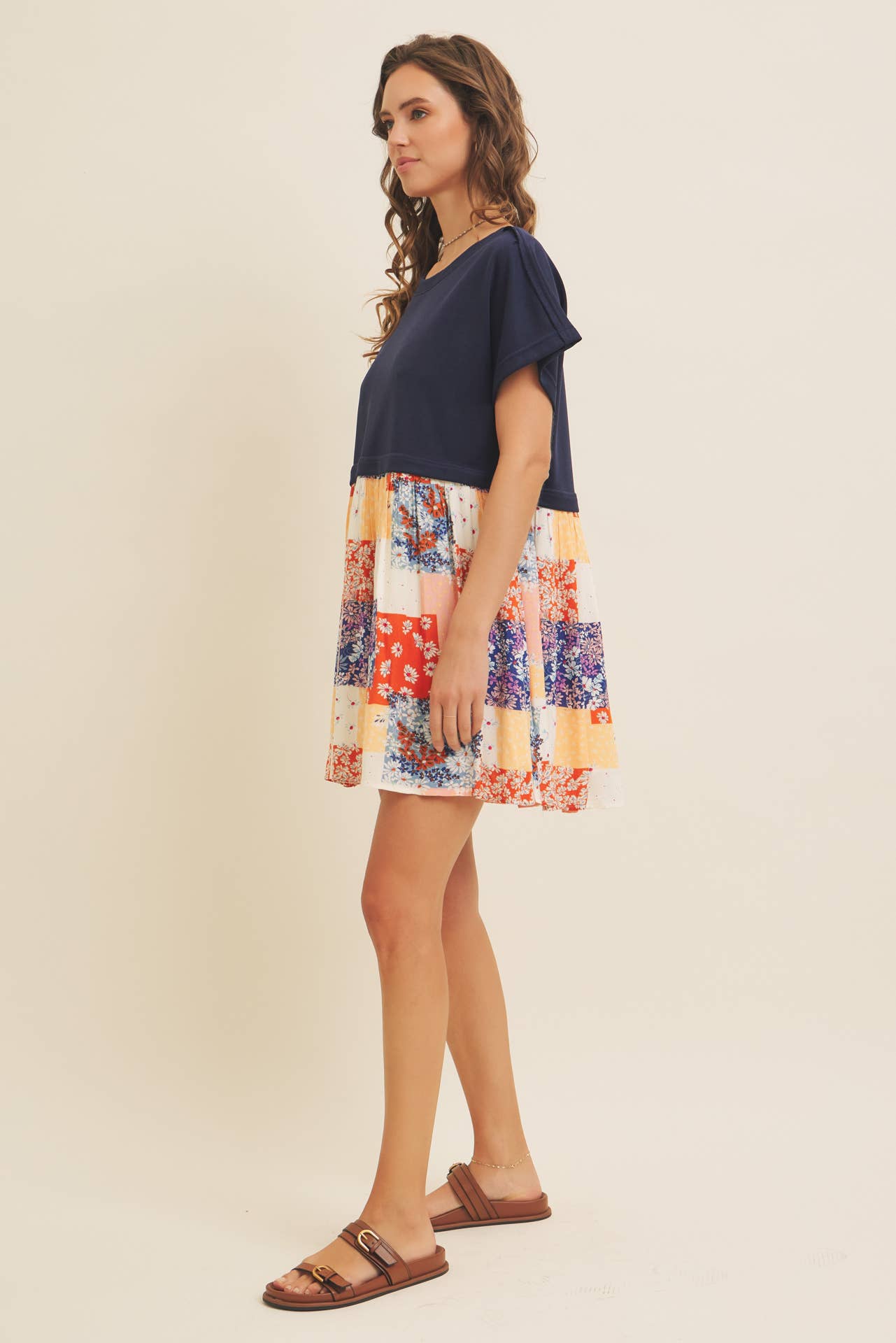 FLORAL PATCHWORK CONTRAST SWEATSHIRT DRESS