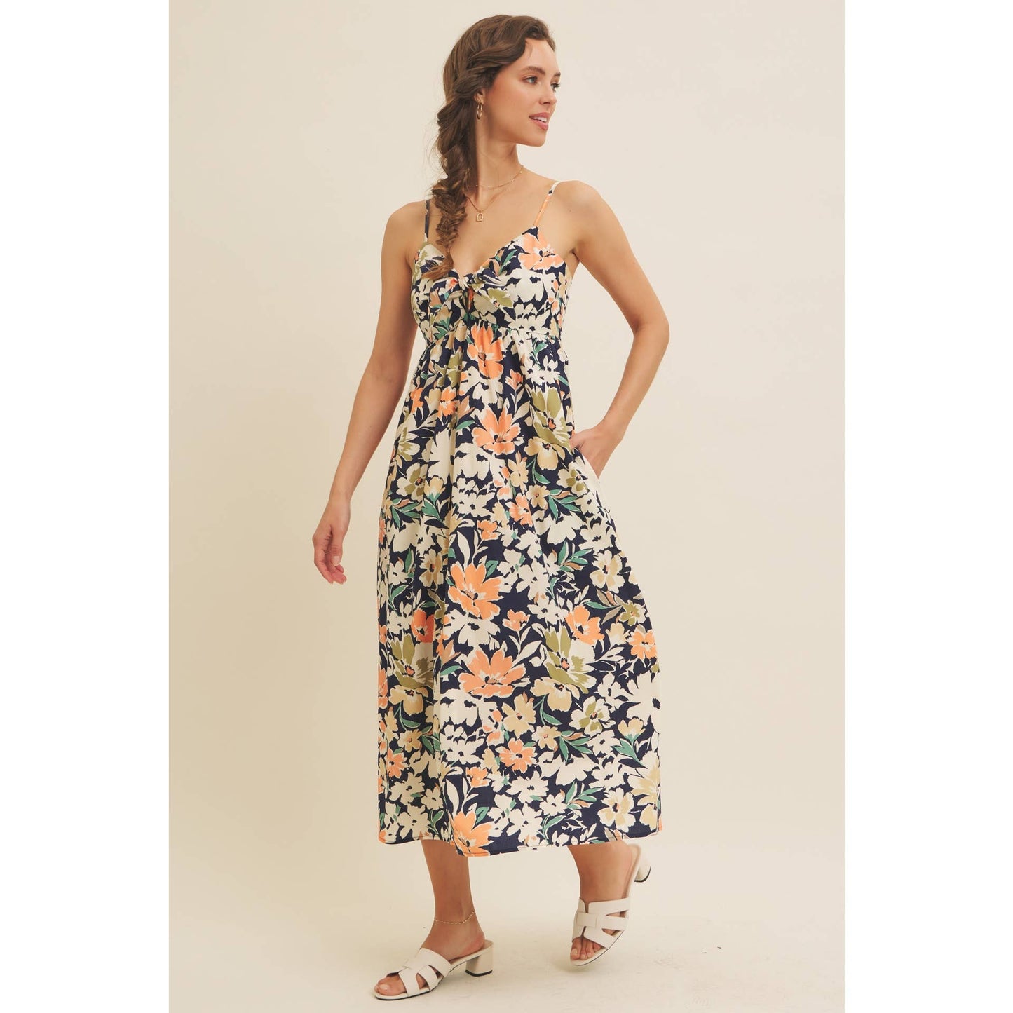 FLORAL PRINT FRONT TIE CAMI MIDI DRESS