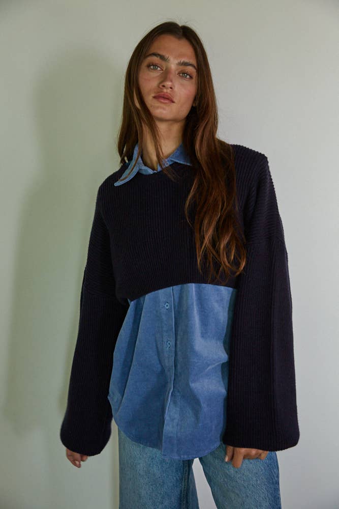 WOVEN COTTON CORDUROY COLLAR BUTTON DOWN SWEATER