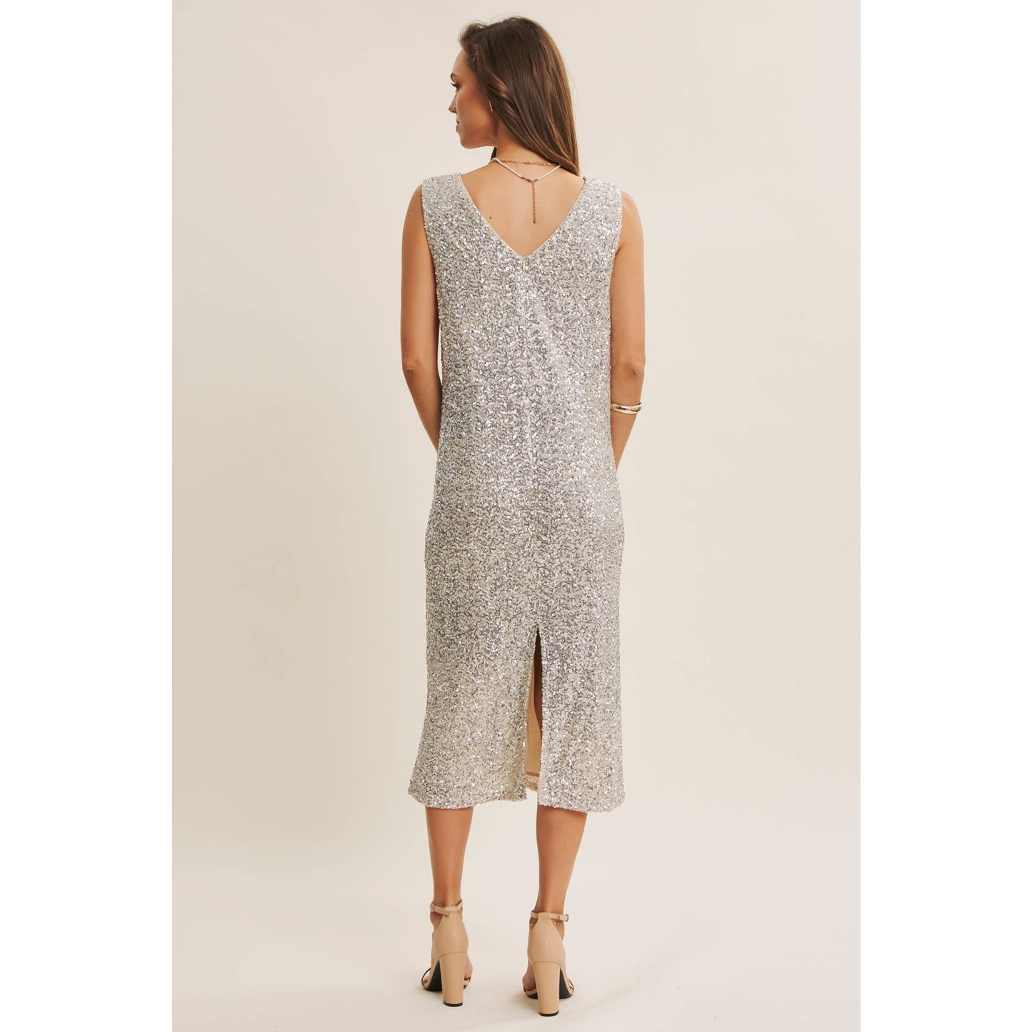 SHIMMERING CHAMPAGNE SEQUIN LACE-INSERT MIDI DRESS