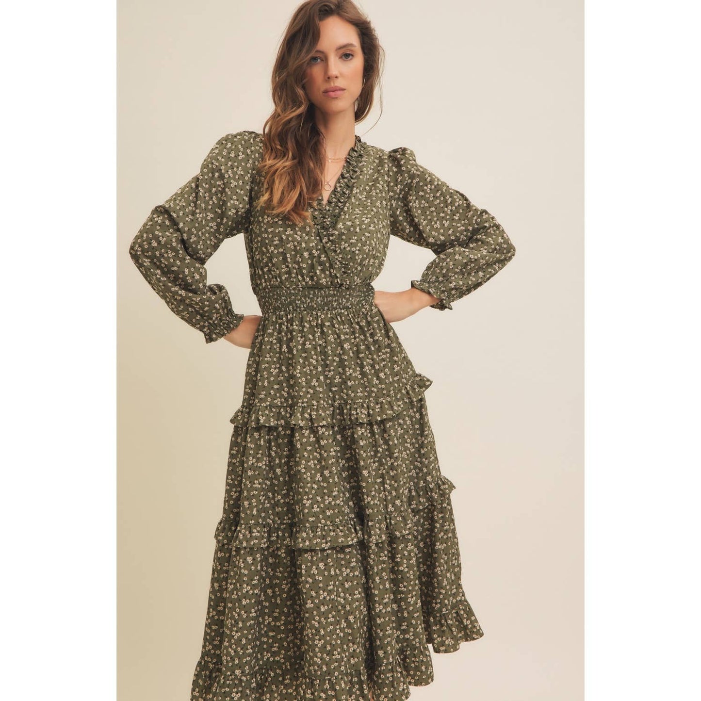 DITSY FLORAL RUFFLE SURPLICE MIDI DRESS WITH POCKETS
