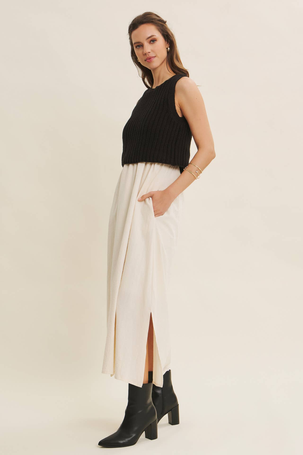 CHUNKY SWEATER TWOFER MIDI DRESS WITH POCKETS AND LINING