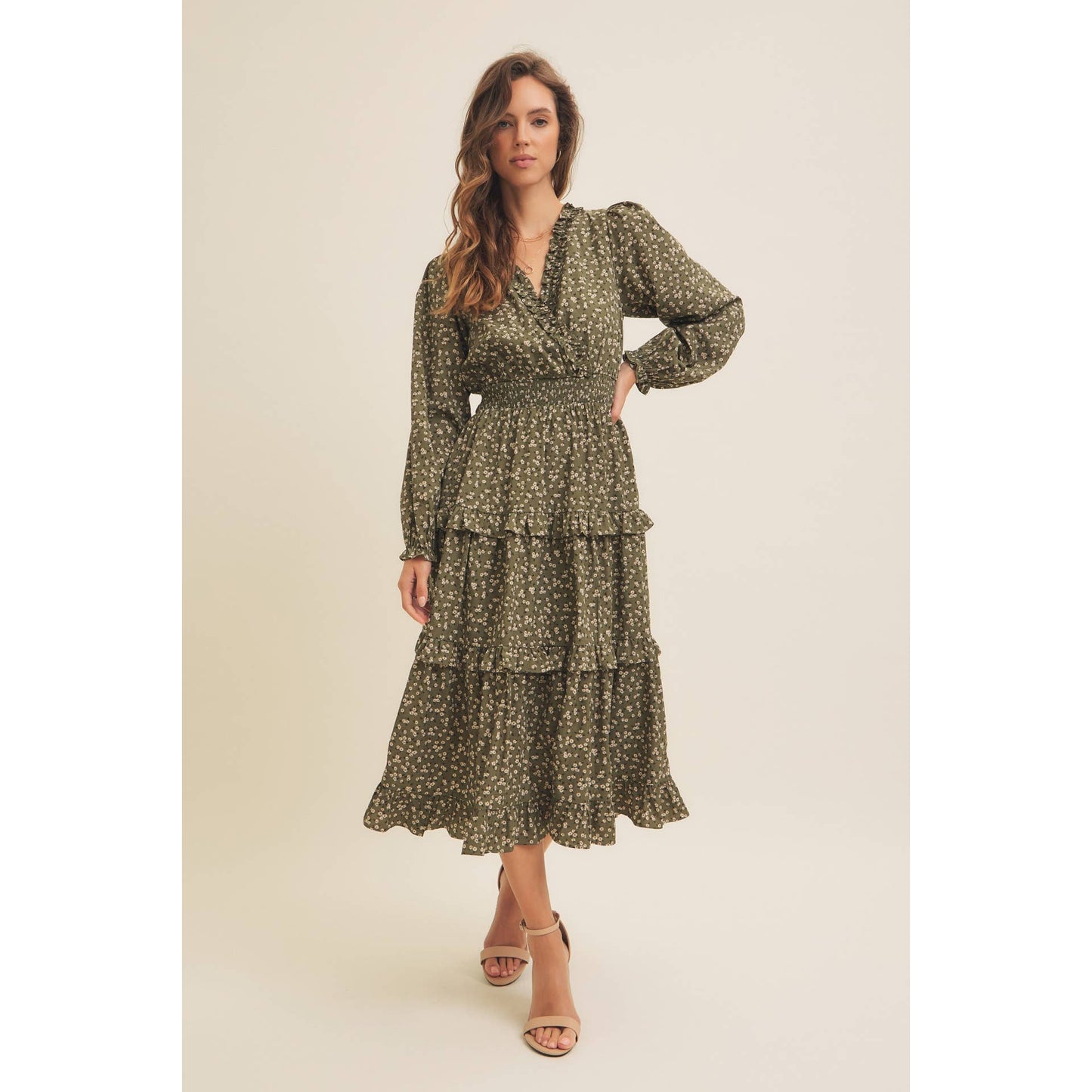 DITSY FLORAL RUFFLE SURPLICE MIDI DRESS WITH POCKETS
