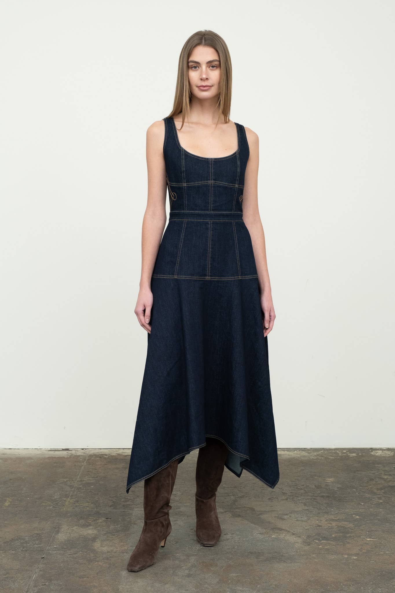 DENIM HANDKERCHIEF HEM MIDI DRESS